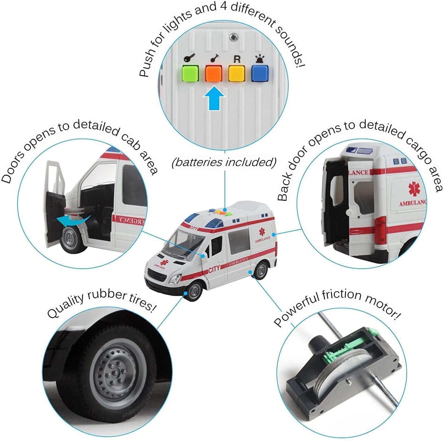 Smartcraft Ambulance Toy Car with Light and Siren Sound Effects, Heavy Duty Rescue Vehicle Toy for Kids and Children, Friction Wheels & LED Lights