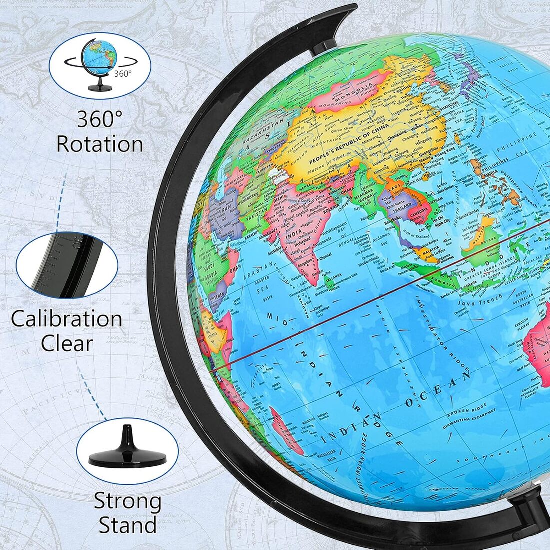 Smartcraft World Globe with Stand Desk Decorative Globe for Students & Geography Teachers, 360° Horizontal Rotation, World Globe Map with Clear Text Markings, Blue