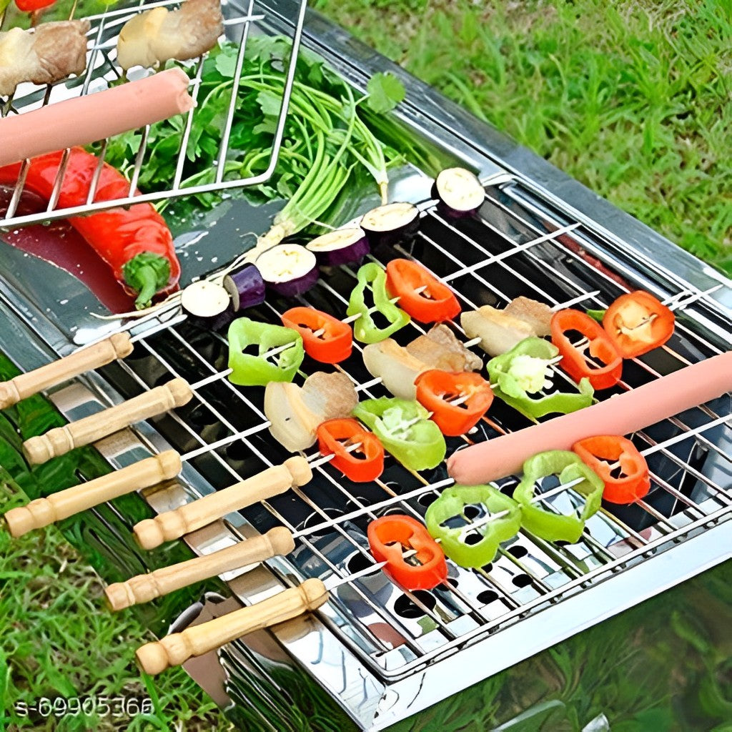 Barbecue Skewers For Bbq Tandoor, Grill Stainless Steel Stick With Wooden Handle, Pack Of 12
