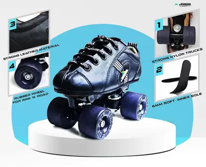 Jaspo Honda PRO 30 Quad Skates with Rubber Wheels Fixed Body Roller (Black) Shoe Skates - Size UK - 5  (Black)
