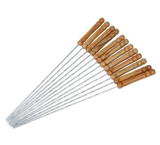 Barbecue Skewers For Bbq Tandoor, Grill Stainless Steel Stick With Wooden Handle, Pack Of 12