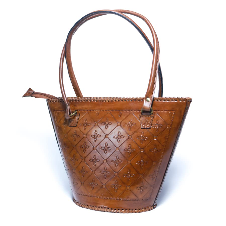 Bags for women, Leather Vintage Basket Bag with zipper Closure, Hand Made, Artistry Bag, Made in India(Brown Color)