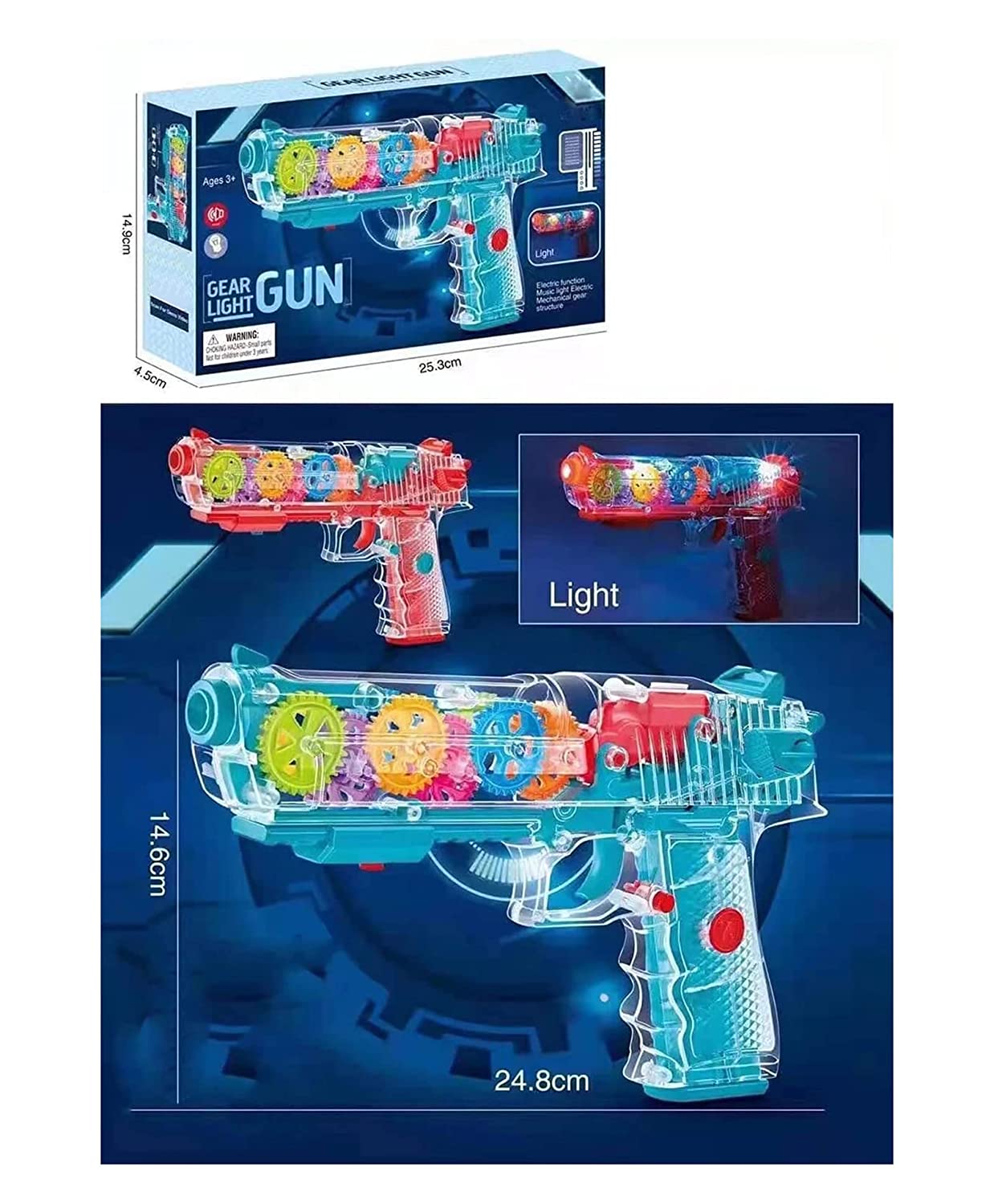 Musical And 3d Lights Kids Transparent Gun Gear Gun, Gears Concept Gun Toys, Multi Musical Blaster With Moving Gears