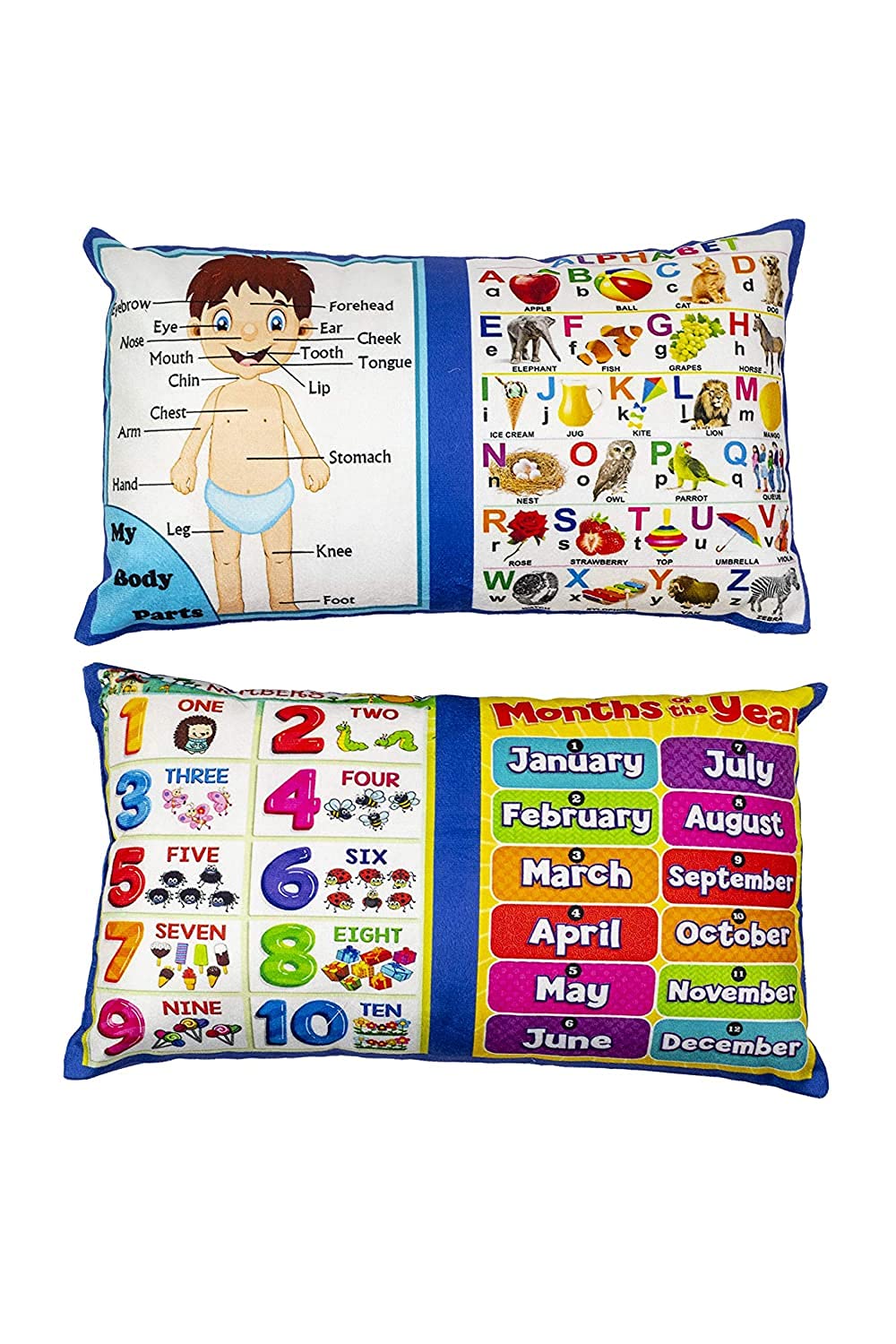Kids Learning Pillow Cum Book English, Alphabets, Numbers, Vegetable, Body Parts, Printed Velvet Learning Pillow