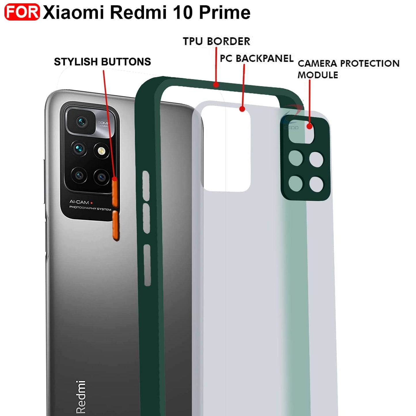Translucent Back Case, Phone Case Cover for Xiaomi Redmi 10 Prime (Green)