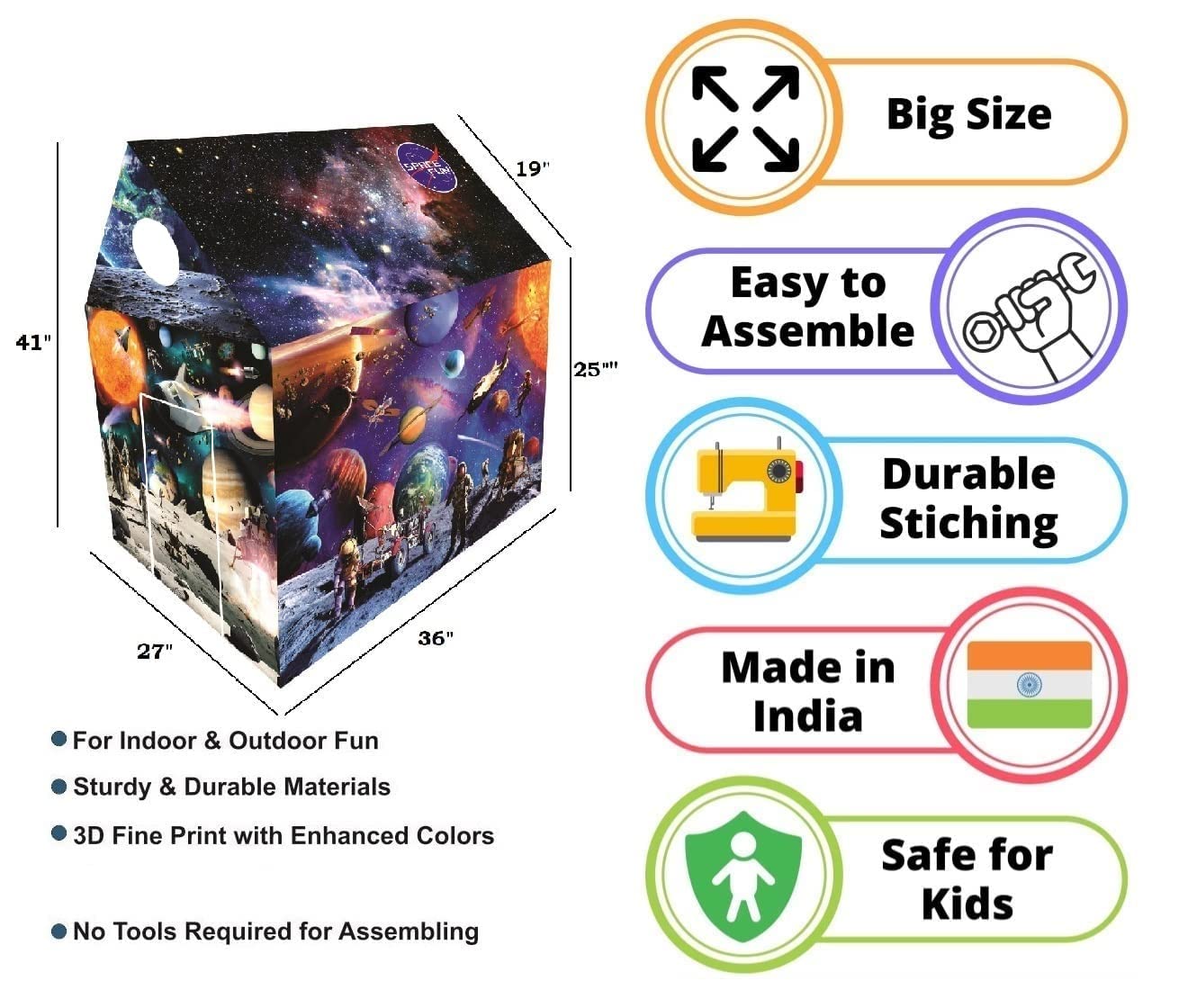Tent House, Tent for Kids, Play Space Fun Theme, Big Size (36 x 27 x 41 inches) Colorful Frame, Fine Digital Print, Vibrant Colors
