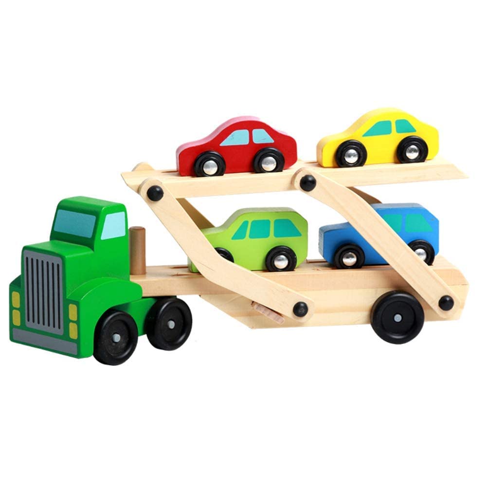 Wooden Toy Truck, And Cars Set (1 Truck, 4 Cars), Large Double Deck Transport Vehicle Car Model Toy For Kids