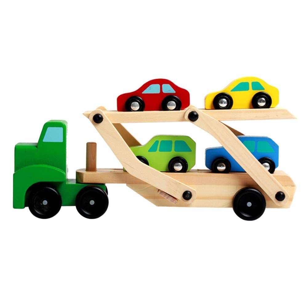 Wooden Toy Truck, And Cars Set (1 Truck, 4 Cars), Large Double Deck Transport Vehicle Car Model Toy For Kids