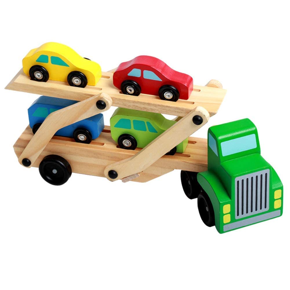 Wooden Toy Truck, And Cars Set (1 Truck, 4 Cars), Large Double Deck Transport Vehicle Car Model Toy For Kids