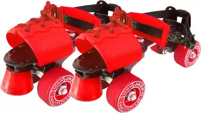 Jaspo Tenacity Adjustable Rubber Wheel Skates for Senior (6-14 years) Quad Roller Skates - Size 1-8 UK  (Red)