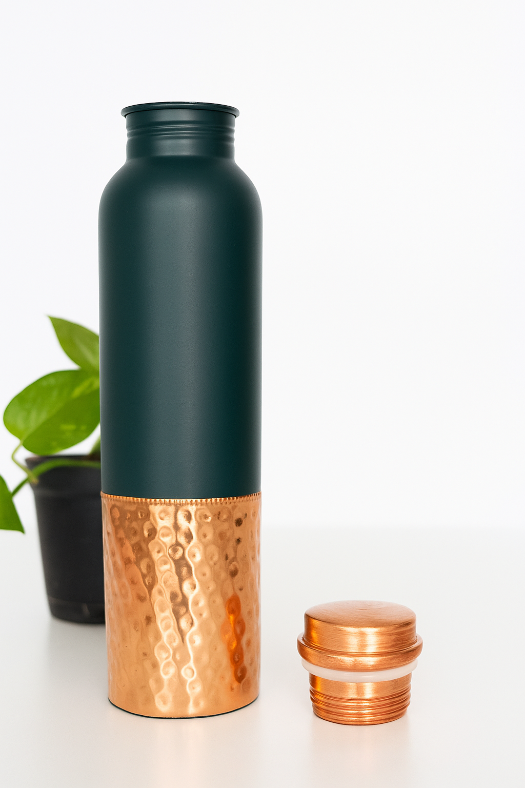 Smartcraft Pure Copper Water Bottle 950ml – Bottom Hammered, Green Silk Finish | Durable & Rust-Proof Tamba Bottle for Office & Daily Use