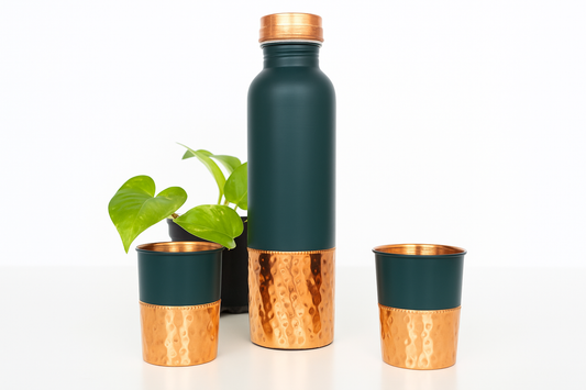 Smartcraft Pure Copper Water Bottle 950ml – Bottom Hammered, Green Silk Finish | Durable & Rust-Proof Tamba Bottle for Office & Daily Use