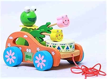 Pull-Along Toys, Wooden Drum Musical Push Along Toys, Baby Early Walking Pull Toy, Rope Toy For Babies (Frog)