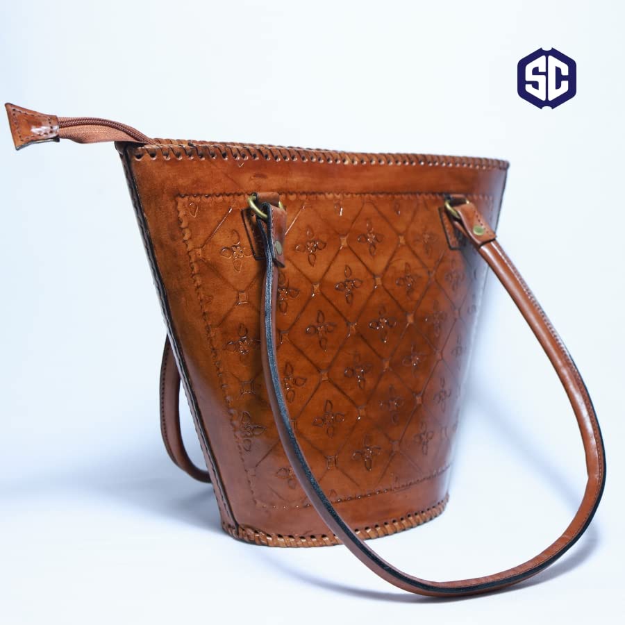Bags for women, Leather Vintage Basket Bag with zipper Closure, Hand Made, Artistry Bag, Made in India(Brown Color)