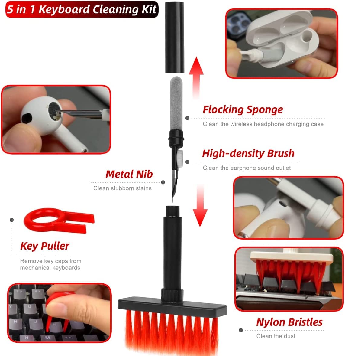 5 IN 1 PC Keyboard Cleaner Laptop Bluetooth Earphone Dust Cleaning Brush  Tools