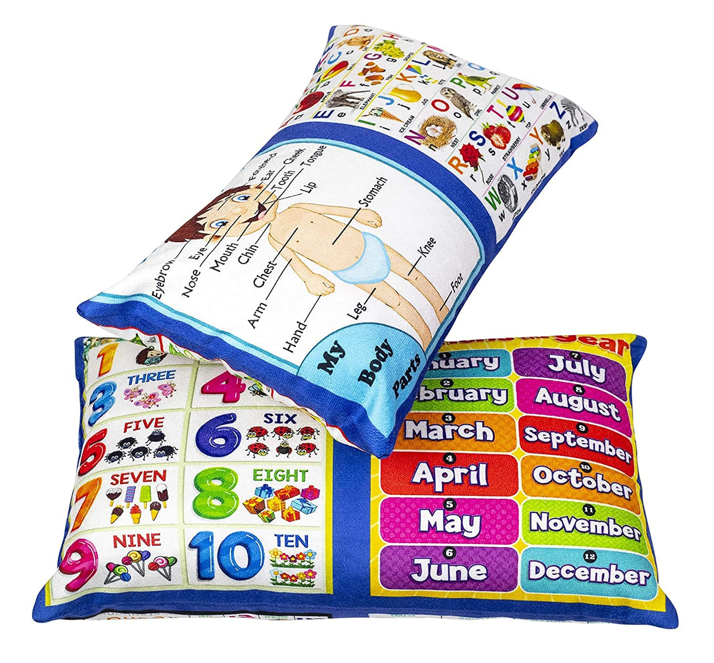 Kids Learning Pillow Cum Book English, Alphabets, Numbers, Vegetable, Body Parts, Printed Velvet Learning Pillow